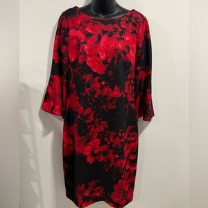 Calvin Klein Red and Black Floral Long Sleeve Bell Dress